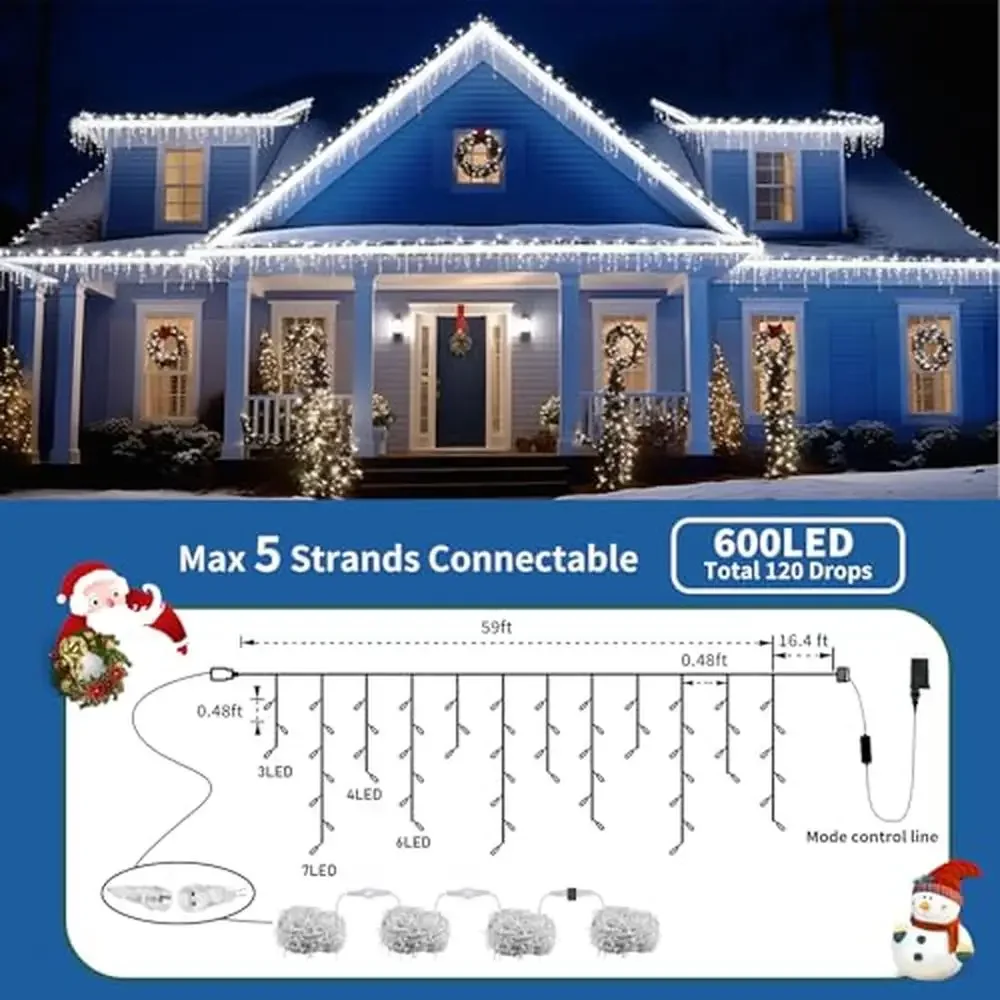 600 LED Icicle Lights Outdoor 75.5 FT with 120 Drops 8 Modes Remote Control Waterproof Plug in String Lights Christmas Holiday