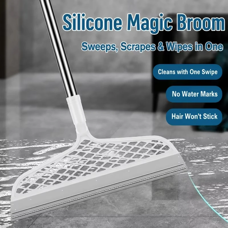 Magic Broom with Detachable Head, Double‑Sided Silicone Scraper, Multifunctional Floor Squeegee for Bathroom Kitchen Glass Hair