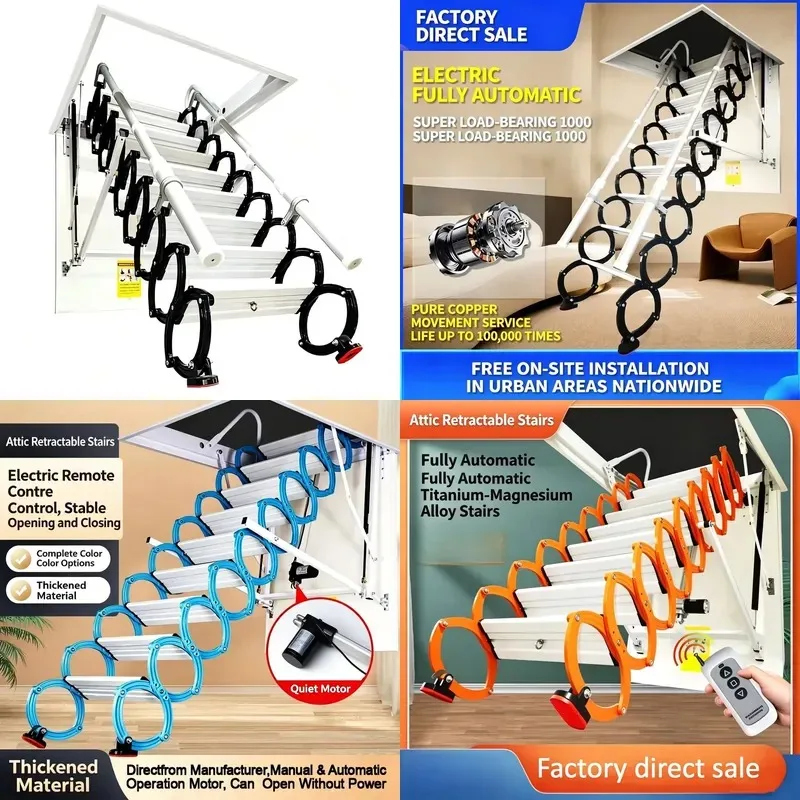 Fully automatic electric loft telescopic ladder remote control folding loft stairs suitable for duplex villas