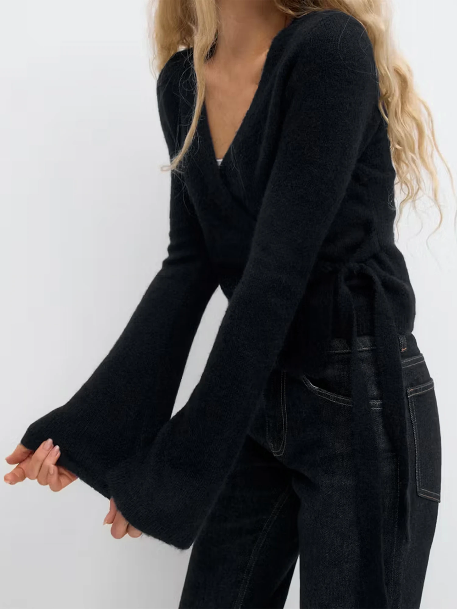 

Women s V Neck Tie Front Wrap Cardigan Long Sleeve Crop Knit Sweater Casual Fall Clothes Solid Color Stylish Top