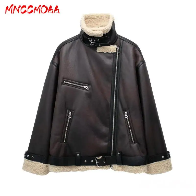 MNCCMOAA-Women\'s Faux Leather Jacket, Female Coat, Casual Pockets, Biker Outwear, Loose, Thick, Warm, High Quality, Winter, 2024