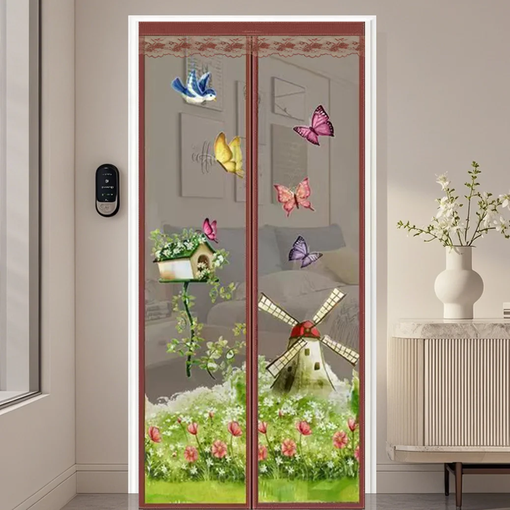 Sommerlicher Blumenmuster-Magnetischer Fliegengittervorhang - Kaffeebraun, Bohrfreie Türnetze für Zuhause, Mückensicher & Atmungsaktiv