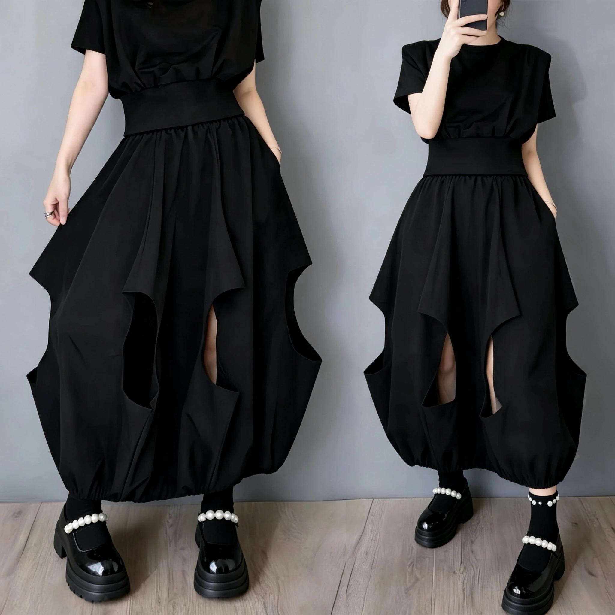 Dark Series Irregular Hollow out Design Flower Bud Skirt Fashionable Versatile Small Lantern Skirt Mountain Wind Style