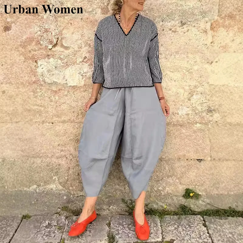 

Summer Fashion Loose Cropped Pants Women Casual Solid High Waisted Pocket Harem Pants Women