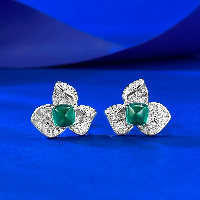 

S925 Silver Live New Small Fresh Triangle Plum Design Sugar Tower Synthetic Emerald Earrings