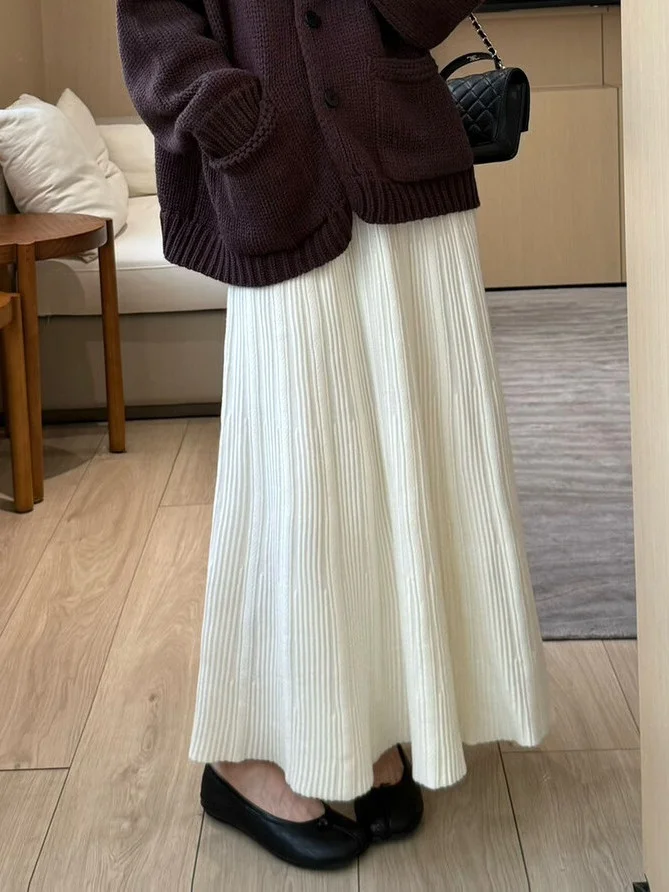 

KAPUNKA 2026 Зимняя Новая Вязаная Юбка А-силуэта Женская Драпированная Длинная Юбка с Завышенной Талией в Корейском Стиле для Повседневной Носки и Офиса