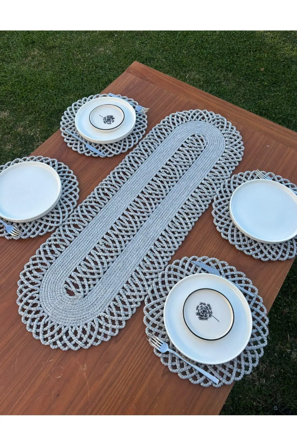 Bohemian Style Fiber Woven Placemat and Runner Set for 4 - Round 13 in Placemats & 39x14 in Runner - Easy to Wipe