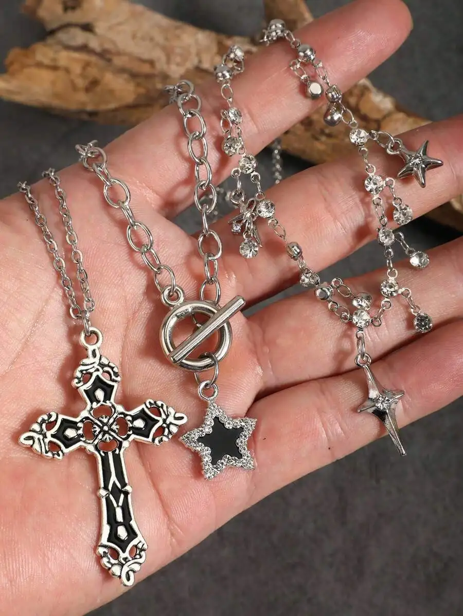 

3pcs Vintage Gothic Punk Rhinestone Star Cross Layered Necklace Set For Women