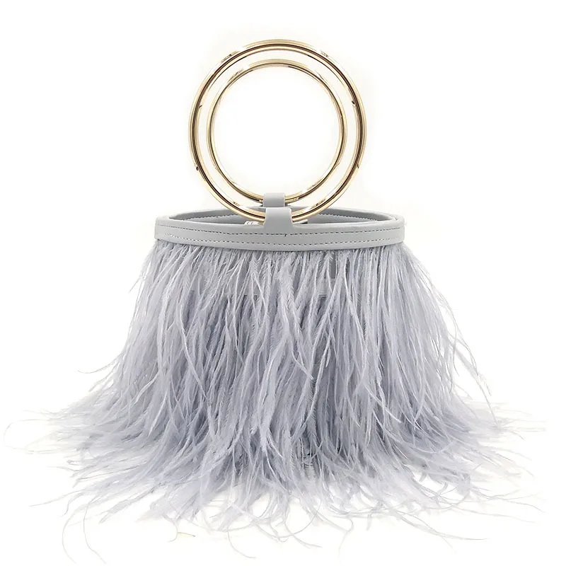 Wedding Bag Ostrich Feather Bucket Handbag for Women Luxury Fashion Purses and Handbags Designer Party Clutch Chain Shoulder Bag