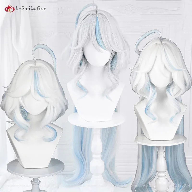 111 www Focalors 43 سنتيمتر/100 سنتيمتر مجعد الفضة الأبيض الأزرق Furina تأثيري أنيمي شعر مستعار مقاومة للحرارة الاصطناعية الشعر + ث