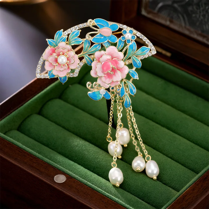 Broches de style chinois vintage en émail avec pendentif pivoine et perle pour femmes, bijoux de mode en forme de fleur, pour fête, bureau, costume, décoration, cadeau