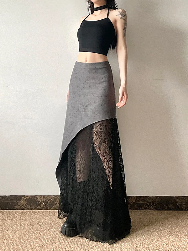 Vintage Asymmetric Lace-paneled Grey A-line Dress Sexy Sheer High-waisted Slim Midi Dress For Women's Autumn Two-piece Set
