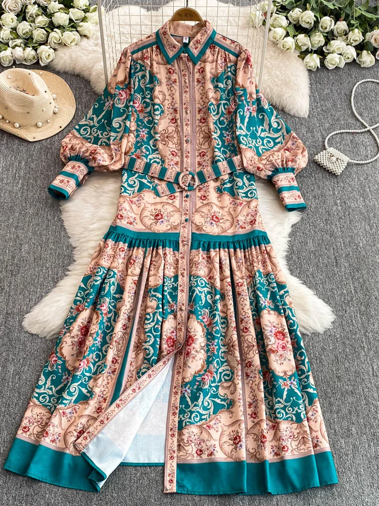 

Spring Women Bohemian Printed Long Dress Elegant Turn-Down Collar Single Breasted Lantern Sleeve Maxi Vestidos Female Robe New