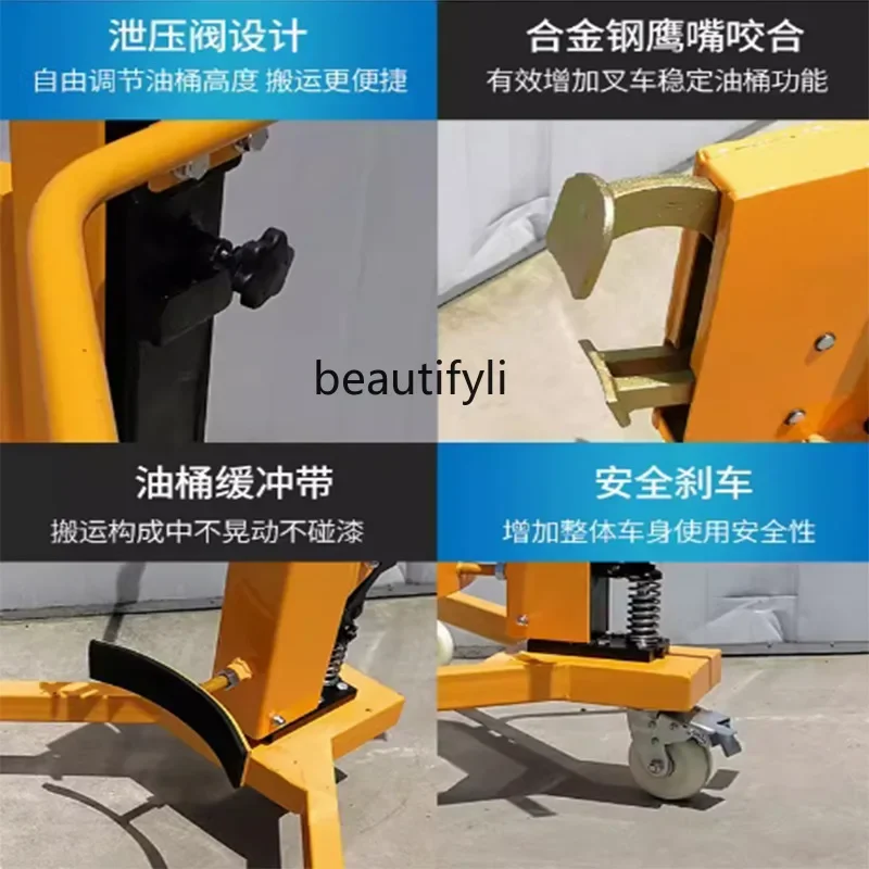 Un camion Tamburo idraulico manuale Tamburo di ferro Camion di caricamento e scarico idraulici Camion a spinta manuale