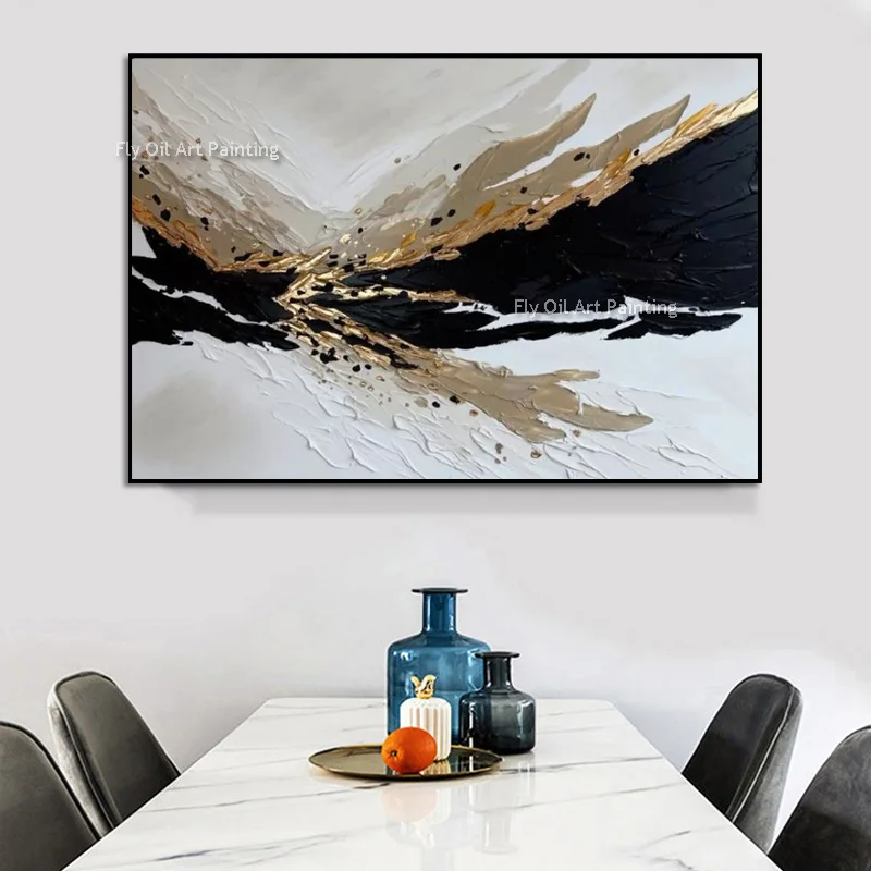 Hand-painted knife impasto abstract painting, wing-shaped black gold foil texture canvas, modern living room wall decor