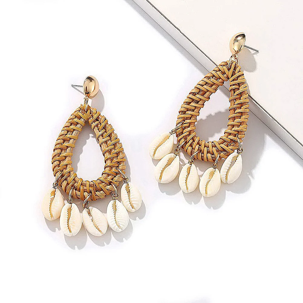 

Rattan Eardrop Shell Water Drop Coffee Handmade Beautiful Lightweight Safe Long Wearing Woman Earring for Daily Wear Vacation