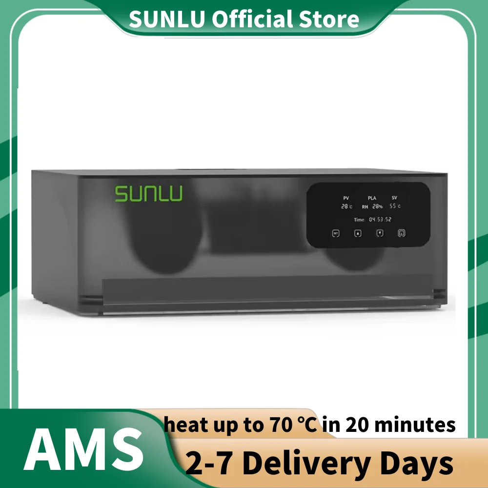 سخان AMS الرسمي من SUNLU، من 20 دقيقة إلى 70 ° C، جاف وطباعة في وقت واحد. مجاري مزدوجة، حرارة موحدة. توافق AMS بالكامل، والرطوبة الذكية