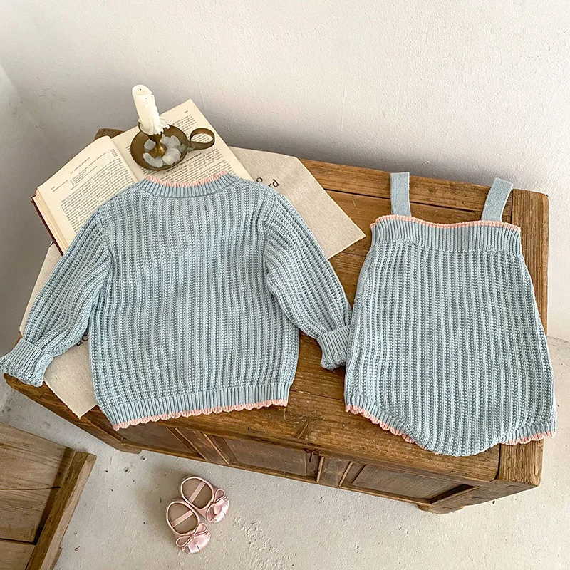 2024 New Spring Infant Baby Girls Knitted Clothing Set Long Sleeved Knitted Cardigan+Jumpsuit Children Knitted Clothes Suit