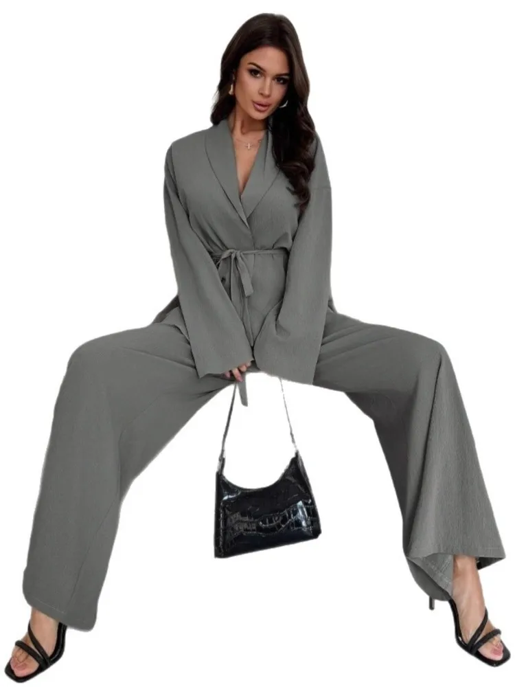 Fashion Women's Pants Suit Solid Drawstring Long Sleeve Blouse Elastic Waist Wide Leg Pants Two Piece Set Commuting Streetwear