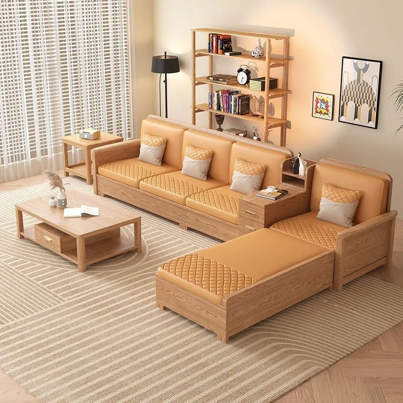 Solid wood sofa combination modern living room small apartment winter and summer dual-purpose fabric storage sofa