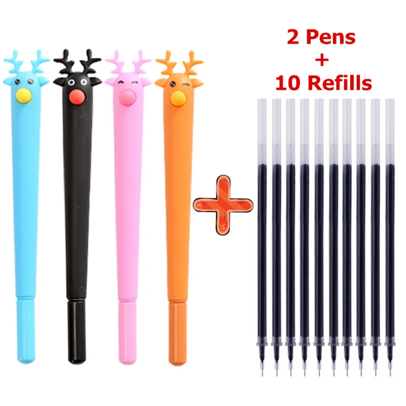 

2 Pens + 10 Refills Gel Pen Set Cute Cartoon Christmas Elk Neutral Pen Office Study Black ink Signature Pens