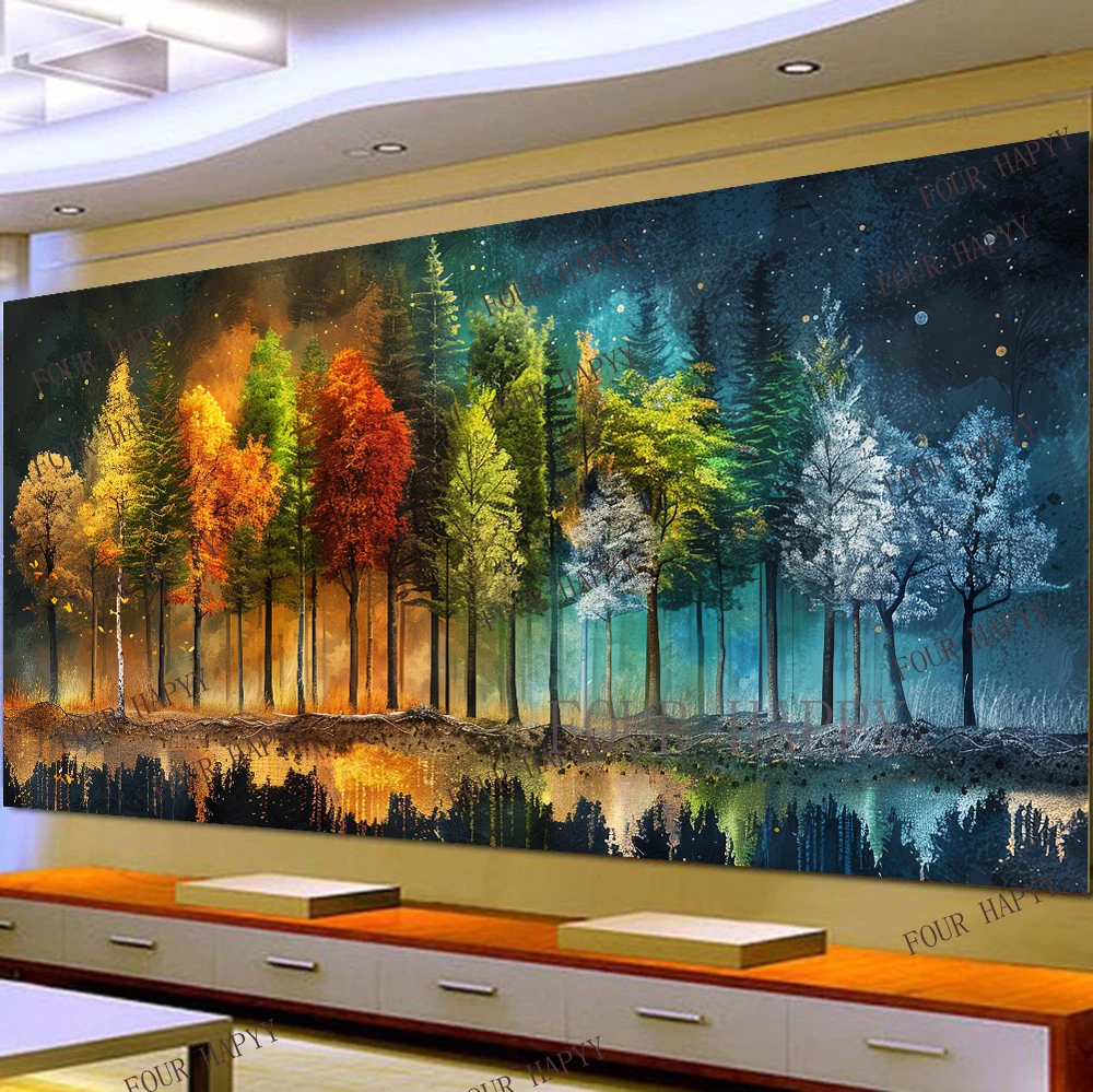 5D DIY Large Diamond Painting Cross Night Forest Dream Landscape Wall Art, Full Round Drill, Embroidery Home Decor