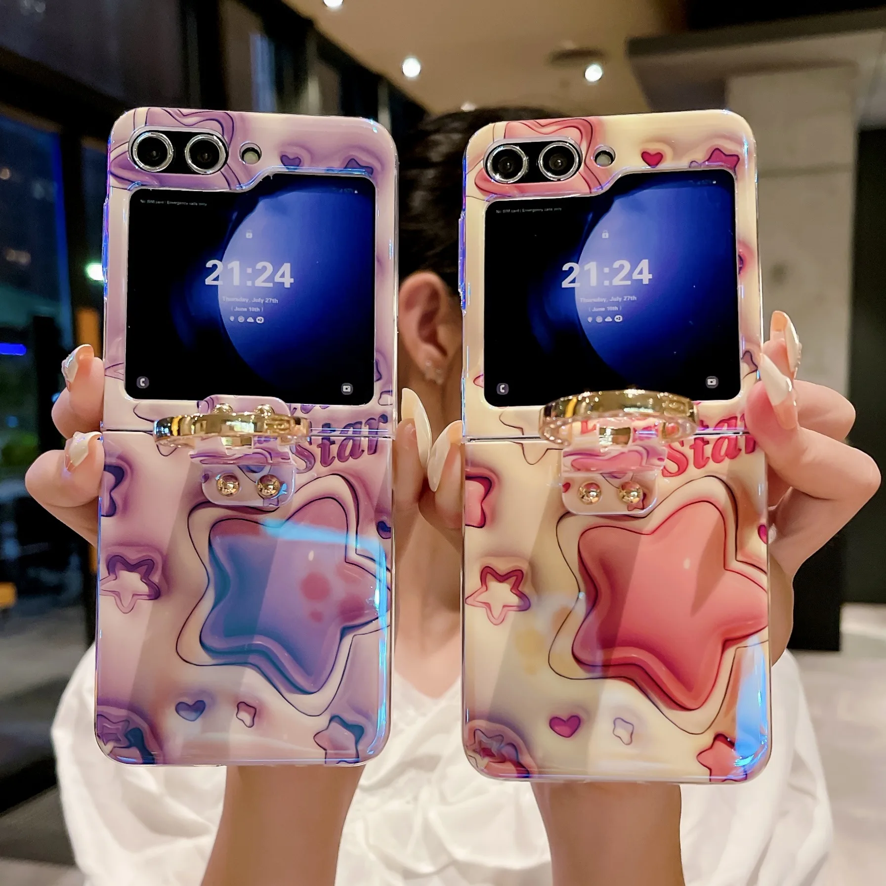 

Pink Purple Star Glossy Phone Case for Samsung Galaxy Z Flip 7 6 5 4 Protective Back Cover for ZFlip5 ZFlip6 ZFlip7 Case Shell