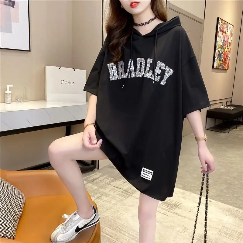 Fashion Loose Sequined Letter Hooded Sweatshirts Female Clothing 2024 Summer New Oversized All-match Tops Casual Sweatshirts