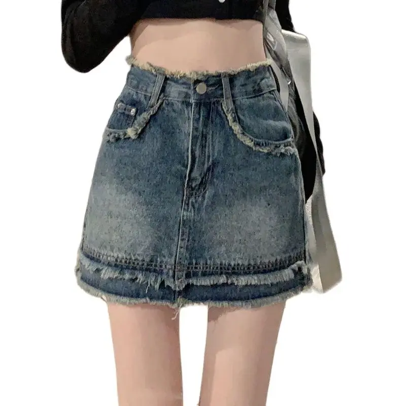 

Vintage Casual Short Denim Skirt For Women High Waist All Season A-Line Raw Hem Jean Mini Denim Skirt with Pockets Size S M L XL