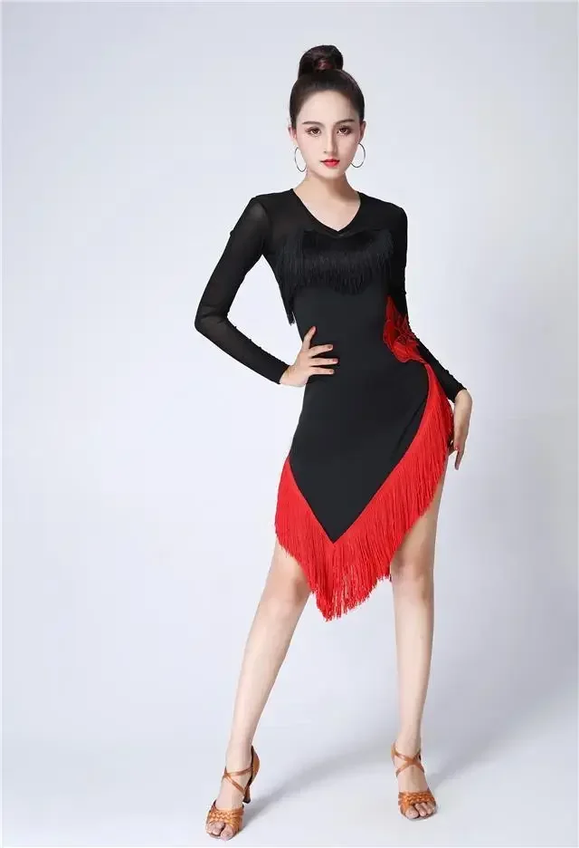 New Women Dresses Big Red Flower Tassel Dance Skirt Latin Dancing Long Sleeve Dress Latina Black Sexy Girls Adult Costume Rumba