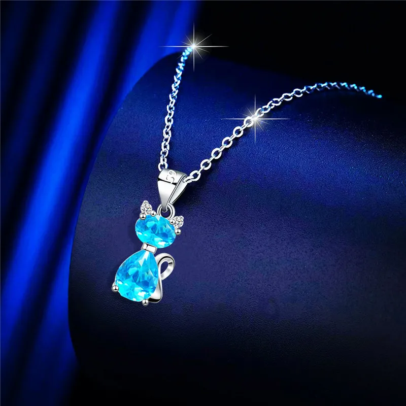 Cute Small Cat Pendant Necklace Aqua Blue Pink White Zircon Necklaces For Women Trendy Silver Color Chain Necklace Party Jewelry