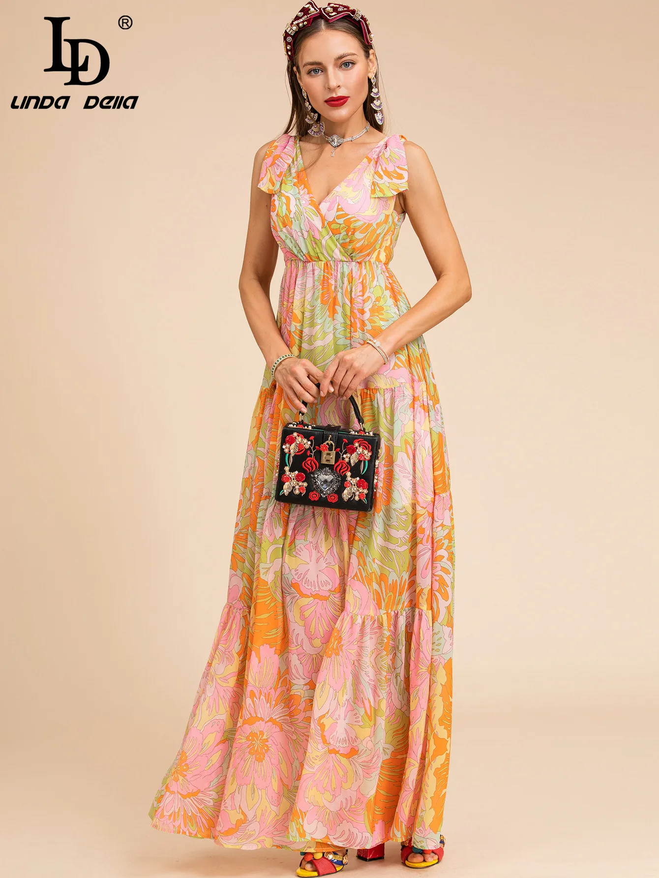 LD LINDA DELLA Designer Summer Long Dress Women's Elegant Bow-knot shoulder Floral print Bohemian Vacation Beach Maxi Dresses