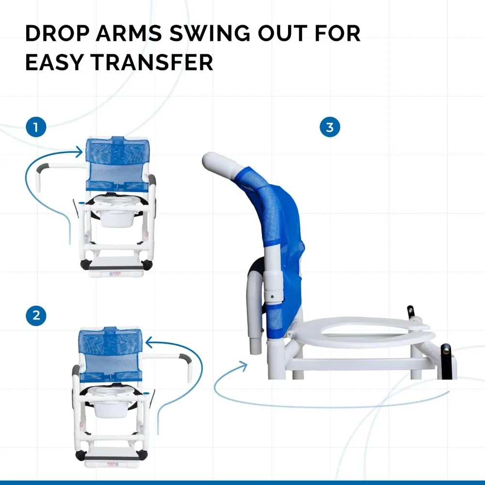كرسي استحمام قابل للتعديل بأذرع قابلة للطي، ومقعد شبكي، وعجلات دوارة، وحزام أمان، ومسند قدم قابل للتمديد، وطلاء تواليت بوزن 300 لتر