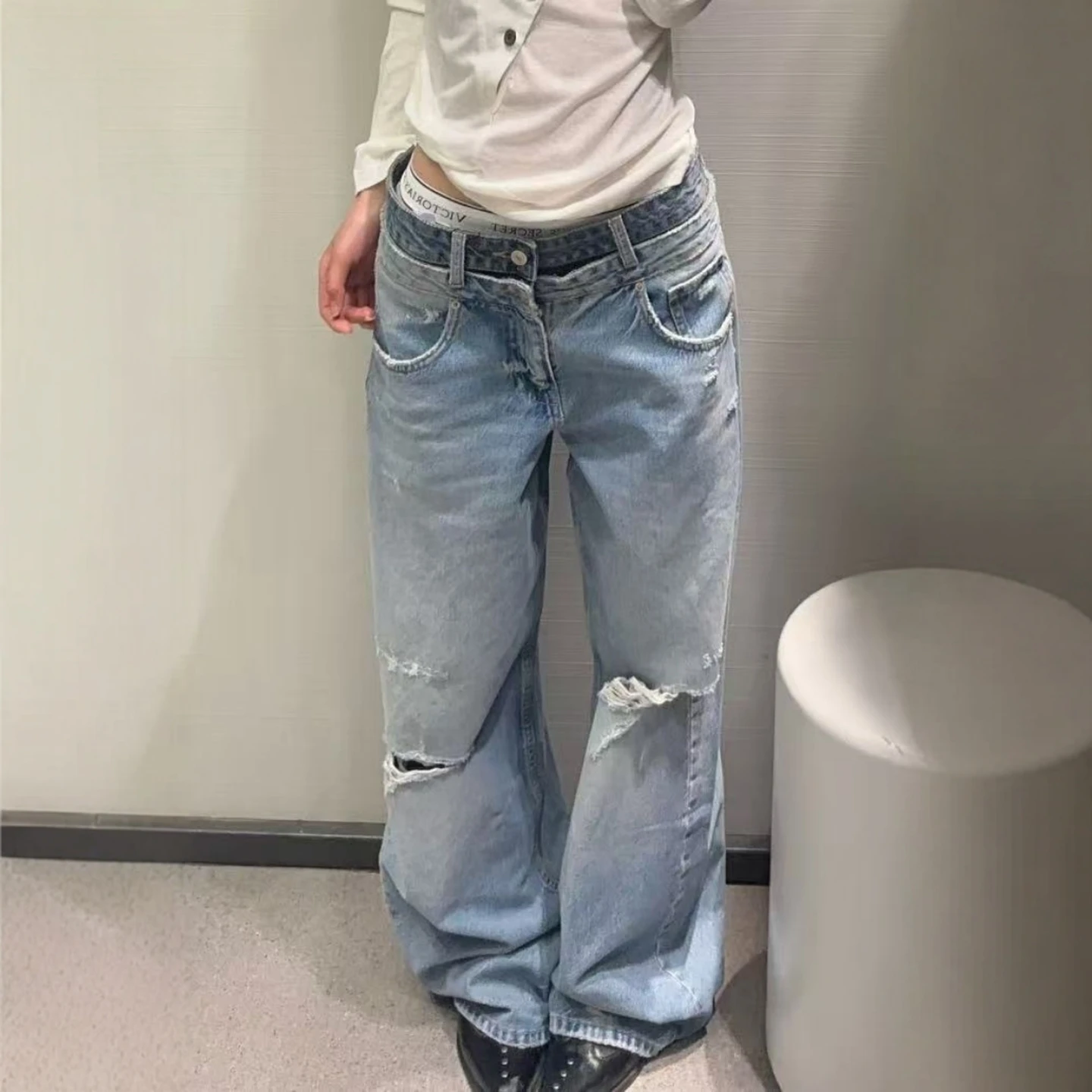 Women's Distressed Soft Fabric Double Layer Waist Straight Leg Jeans mid Rise Button Fly Blue Denim Spring Summer Fashion