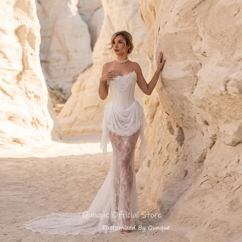 Qunque Illusion Appliqué Mermaid Wedding Dresses Delicate Pearl Bridal Gown Bohemian Pleated Vestido De Novia Boda Customized
