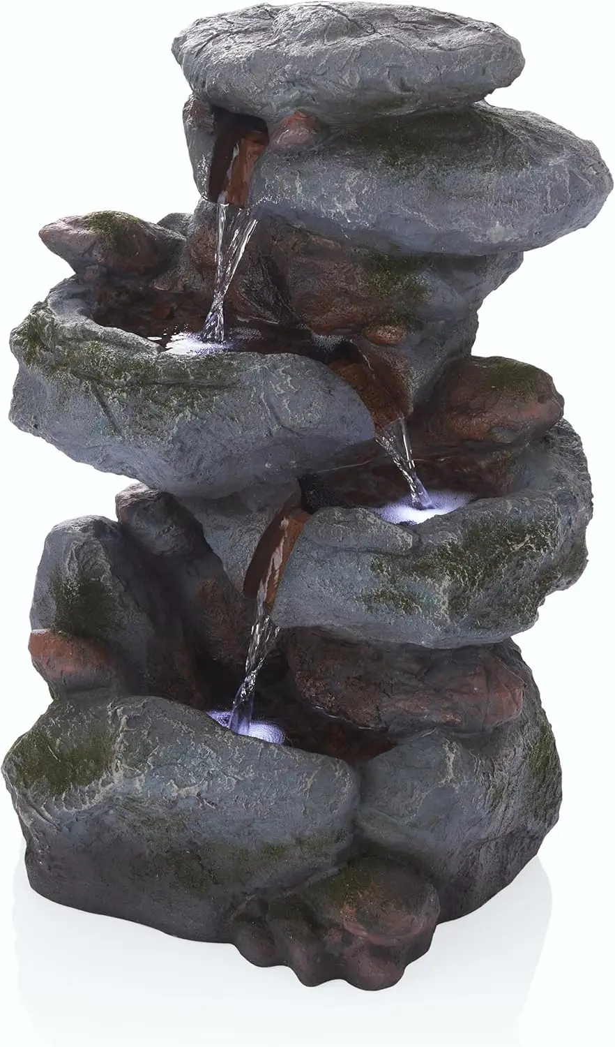 

Outdoor Floor 3-Tiered Rock Waterfall Fountain with LED Lights and Natural Stone Look, 22", Gray