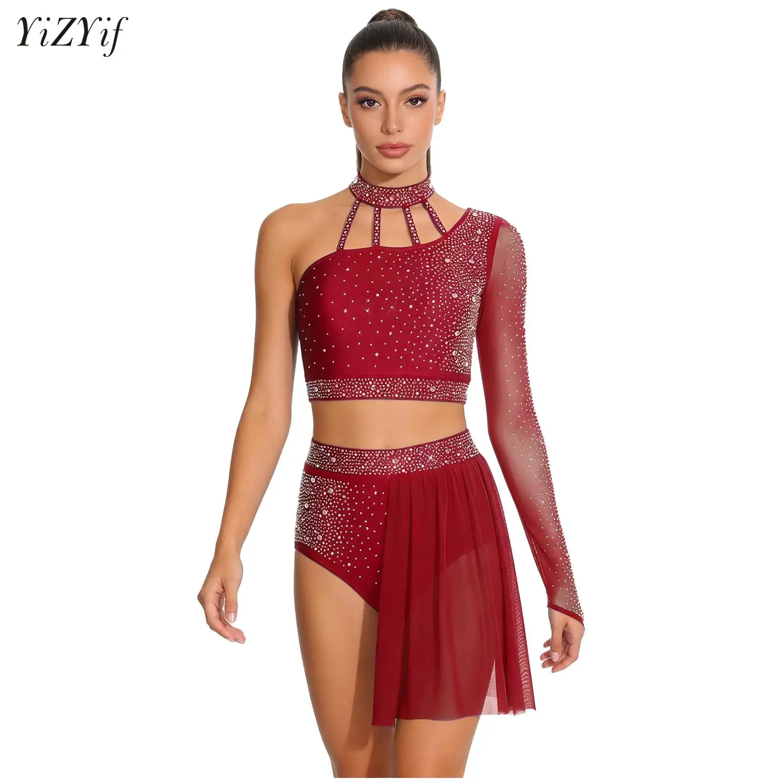 

Womens Modern Contemporary Performance Dancewear Lyrical Dance Costume One Shoulder Rhinestone Ballet Dance Crop Top with Skirts