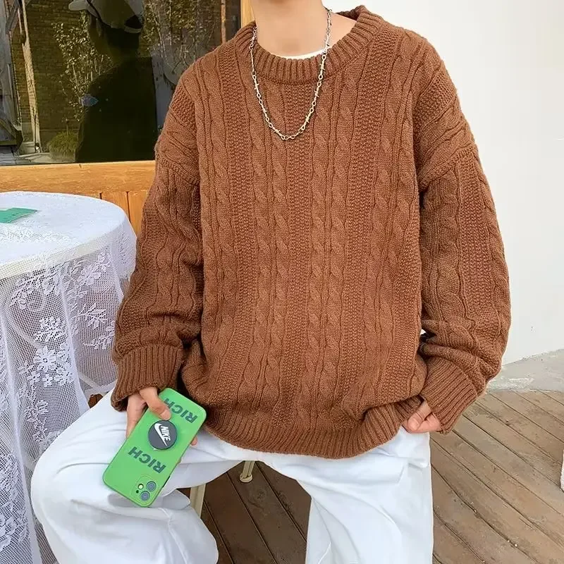 冬肥厚 O ネックプルオーバーセーターメンズ日本のレトロ怠惰なルーズ多用途カジュアル揚げ生地ツイストニットセーター男性