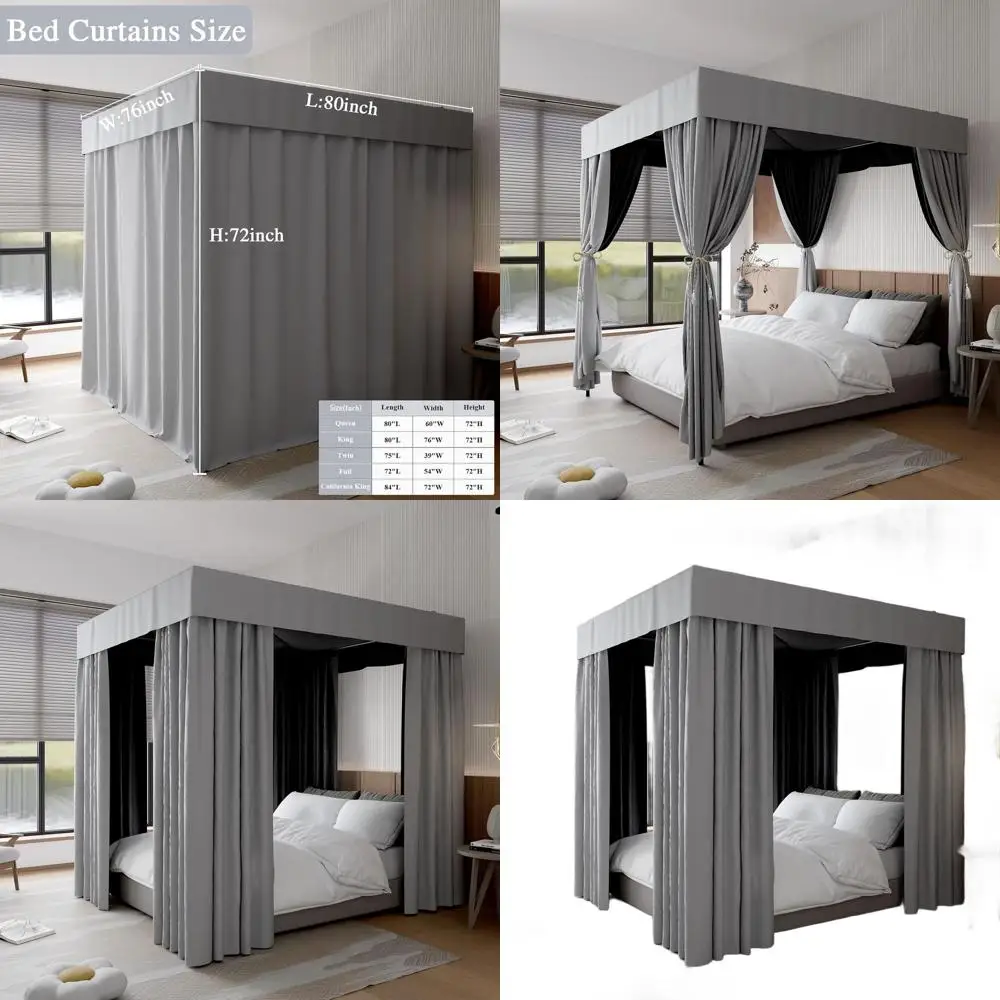 

King Size Grey Canopy Curtains for 4-Post Beds - Lightproof Drapes for Adult & Girls' Bedroom Decor