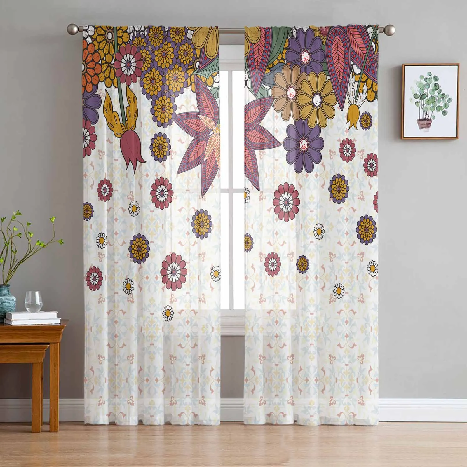 Boho Retro Floral Tulle Curtains for Living Room Bedroom Modern Chiffon Sheer Voile Kitchen Window Curtain