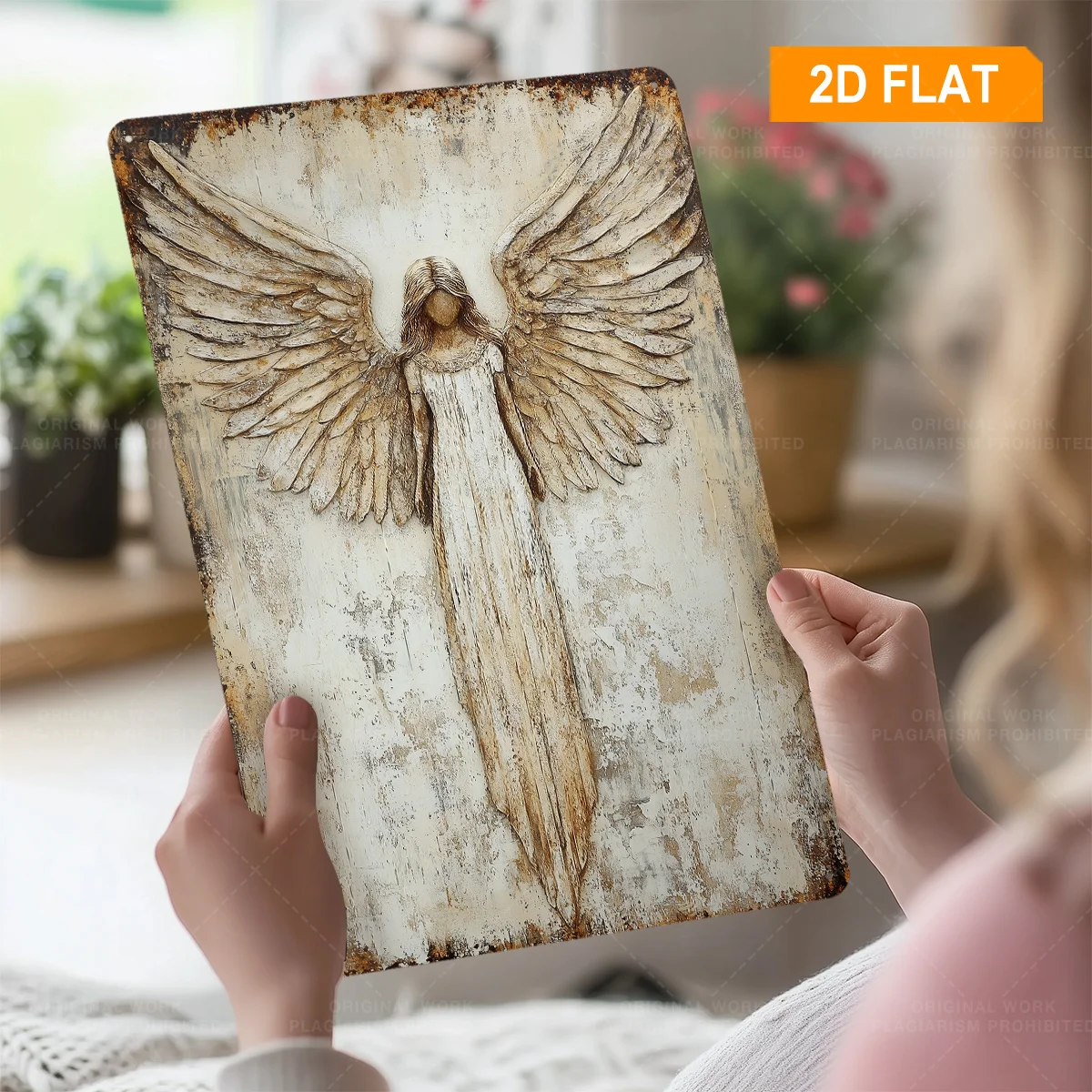 2D Flat Design, 1 Piece Guardian Angel Metal Wall Decor Sign - Vintage Country Style 2D Flat Angel with Spread Wings Design, 8x12inch (20X 30cm) Aluminum Spiritual Decoration, Suitable for Home, Office, Classroom - Directional Symbol, 2D Flat Design