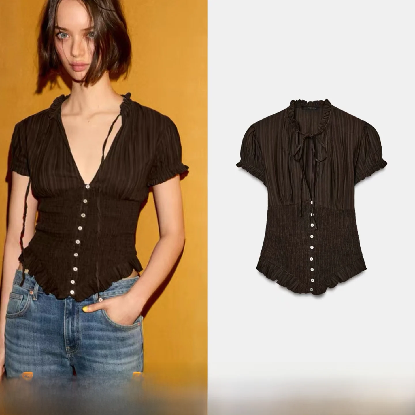 

Faionable ort Sve Bubble irt Women's Ele Sle Knot Waist-Cinching Hot Girl Spring Summer New Arrival