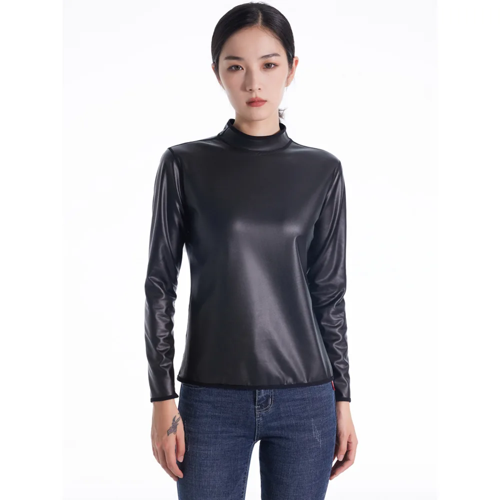 Women's PU Leather Stand Collar Long Sleeves Tops Black Motorcycle Biker Coats Waist Trainer Slim T-shirt Fashion Shapewear Tops