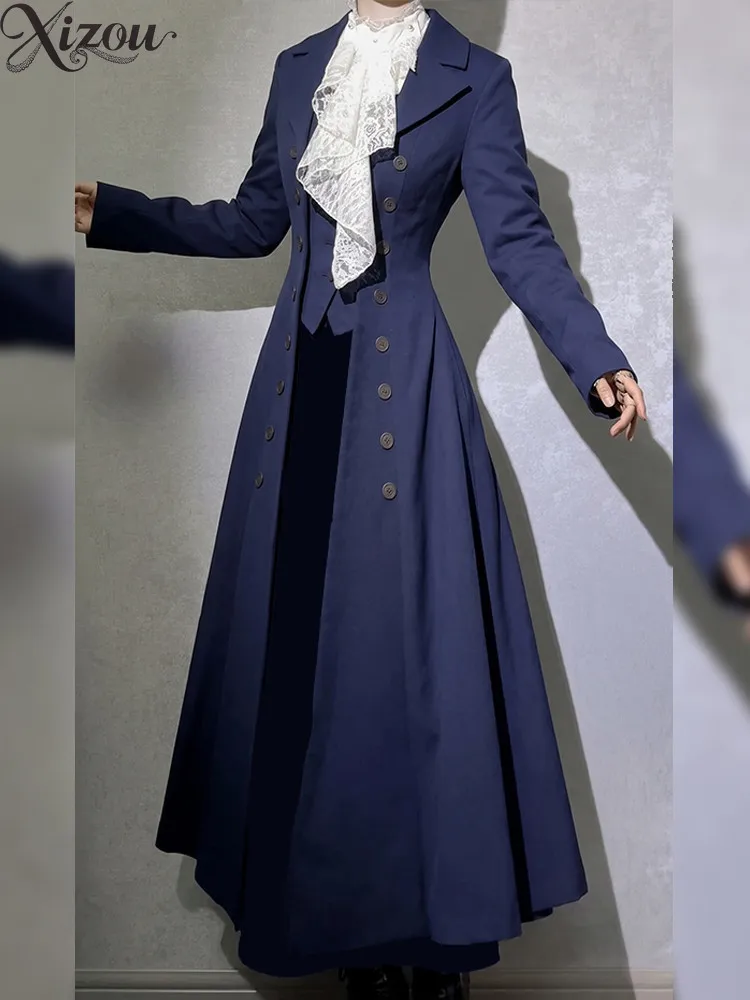 Prince Style Trench Lolita Wool Blend Long Coat Autumn Elegant Victorian Tailored Flared Overcoat Women Gothic Outerwear Elegent