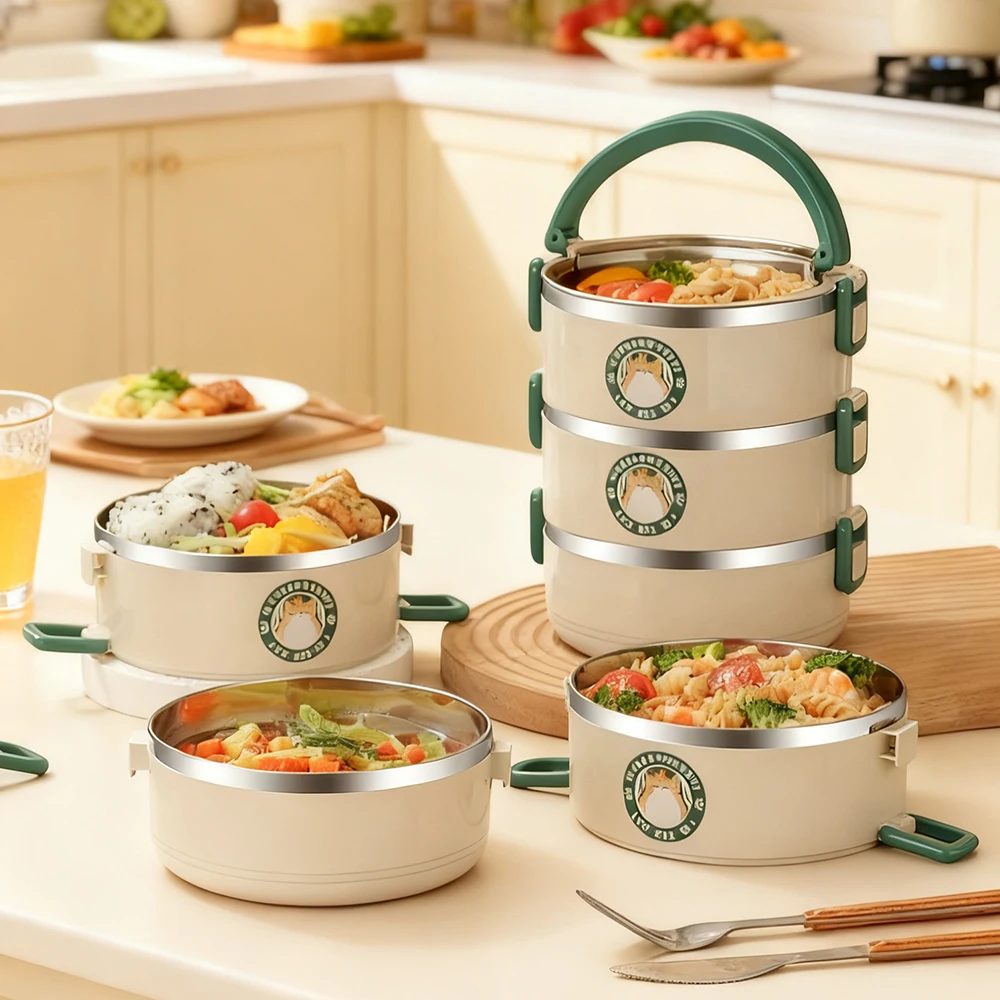 صندوق غداء معزول من الفولاذ المقاوم للصدأ 2100 مل 304، تصميم 3 طبقات، مناسب للمدارس والتخييم ومناسبات العمل #4