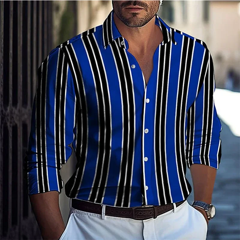 2024 Striped Comfortable Fashion Casual Men\'s Shirt Button Shirt Vacation Daily Spring Autumn Lapel Long Sleeve Blue Shirt 6XL