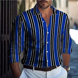 2024 Striped Comfortable Fashion Casual Men's Shirt Button Shirt Vacation Daily Spring Autumn Lapel Long Sleeve Blue Shirt 6XL