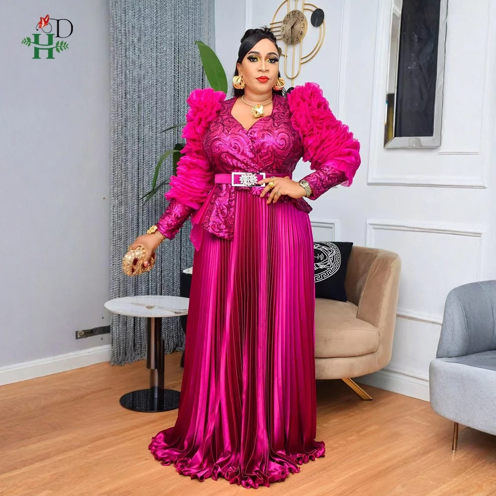

H&D 2025 New African Clothes Plus Size For Women Elegant Fashion Dresses Turkey Party Wedding Dress Ankara Pleated Sequins Dress