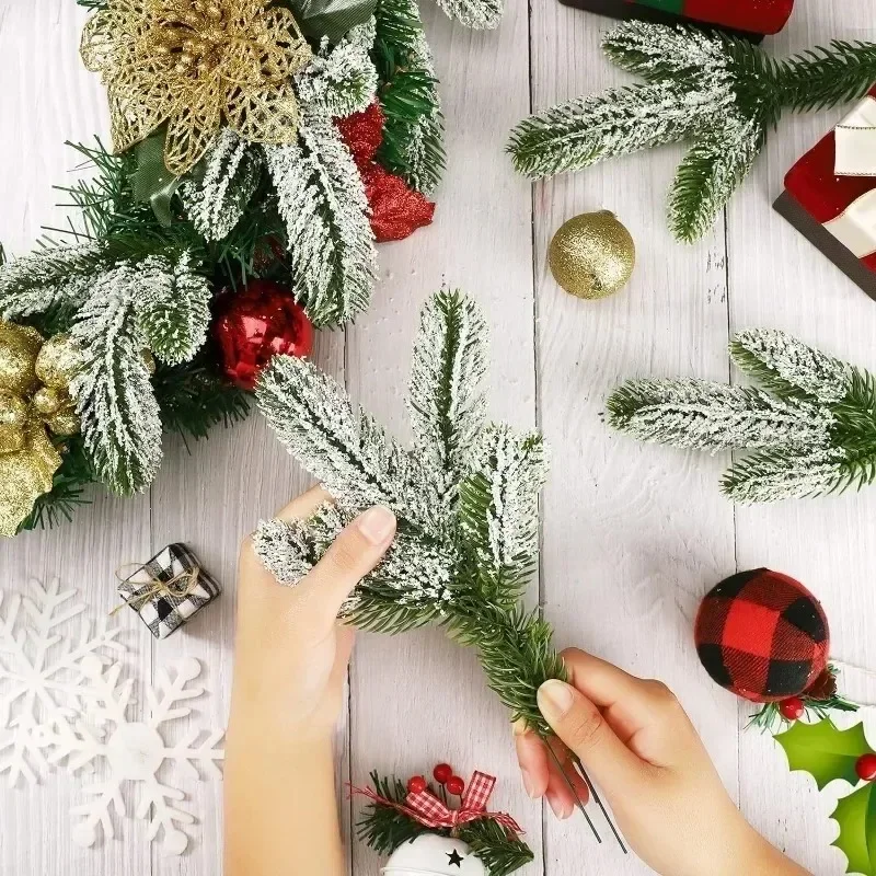 Christmas Artificial Snow Pine Needles Branches Fake Pine Branches DIY Garland Green Leaves Plant Flowers Home Xmas Party Gifts