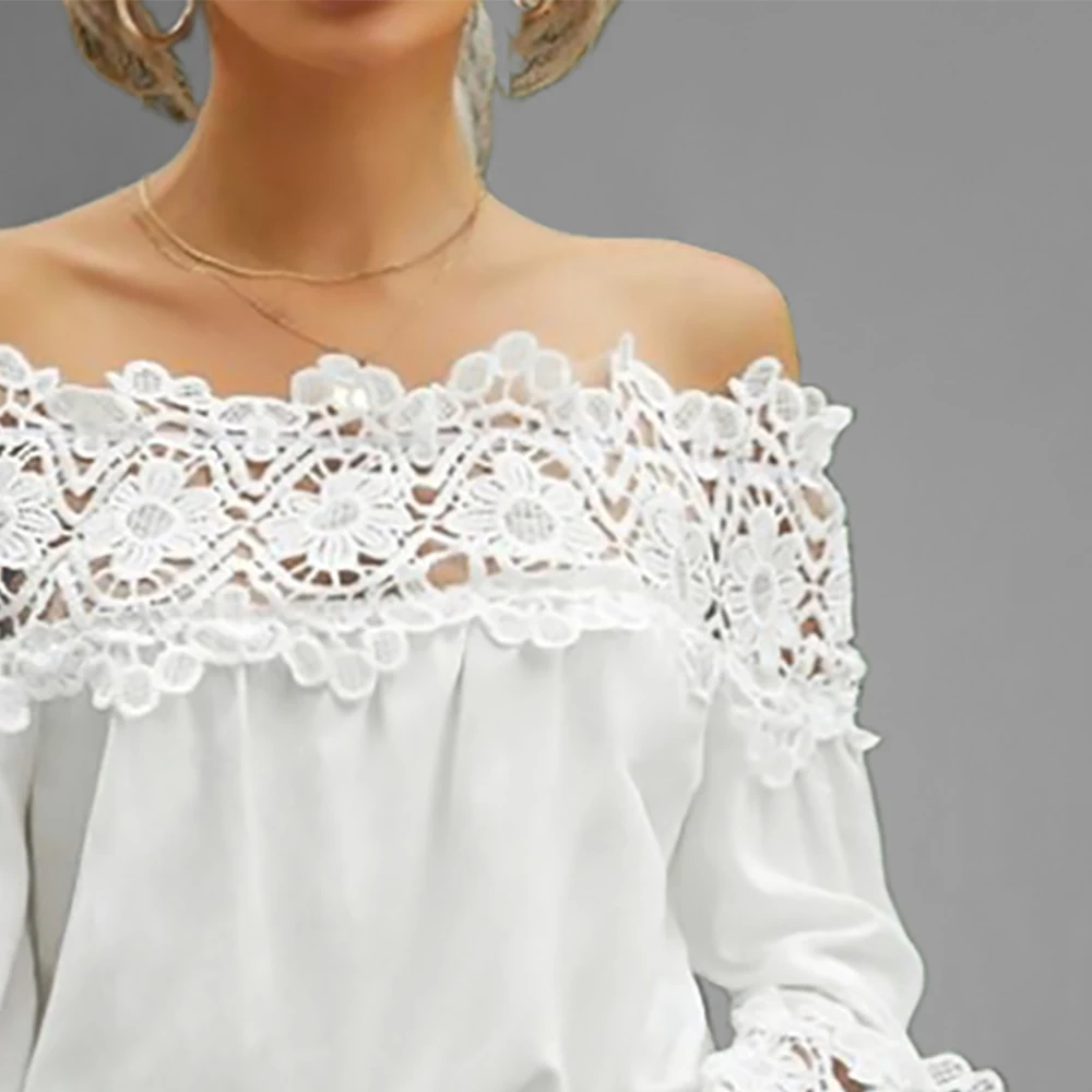 Elegant Lace Patchwork Off Shoulder Women Blouse Hollow Out Lantern Sleeve Blouse Loose White Pullover Fashion Streetwear Blouse